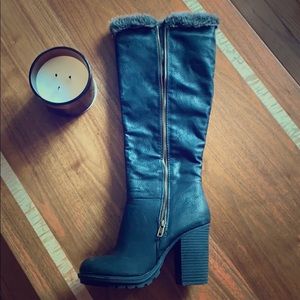 Knee High Black Faux Fur platform boots